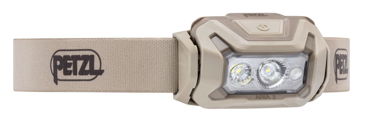 PETZL ARIA 2 RGB, compacte hoofdlamp, duurzaam, waterdicht met modi wit, rood, groen en blauw, 450 lumen, woestijn