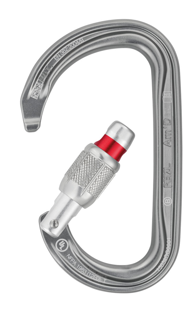 Am'D, D-shaped locking carabiner for attaching devices to a 